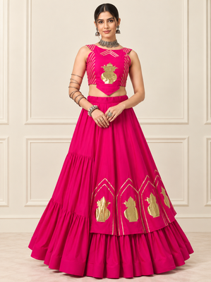 Rani Pink Navratri Rayon Cotton Lehenga Set with Kalash Patch Work 1