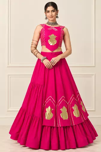 Rani Pink Navratri Rayon Cotton Lehenga Set with Kalash Patch Work
