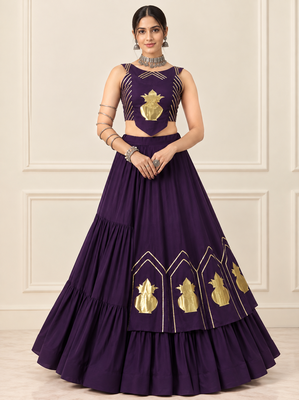 Purple Navratri Rayon Cotton Lehenga Set with Kalash Patch Work 1