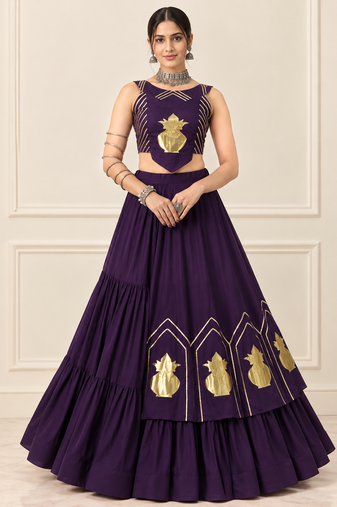 Purple Navratri Rayon Cotton Lehenga Set with Kalash Patch Work