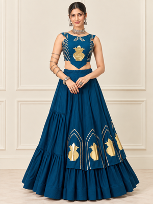 Teal Blue Navratri Rayon Cotton Lehenga Set with Kalash Patch Work 1