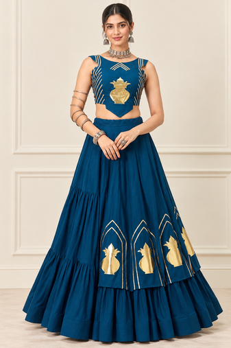 Teal Blue Navratri Rayon Cotton Lehenga Set with Kalash Patch Work