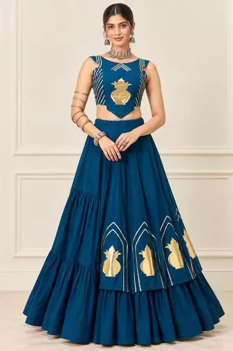 Teal Blue Navratri Rayon Cotton Lehenga Set with Kalash Patch Work