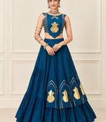 Teal Blue Navratri Rayon Cotton Lehenga Set with Kalash Patch Work
