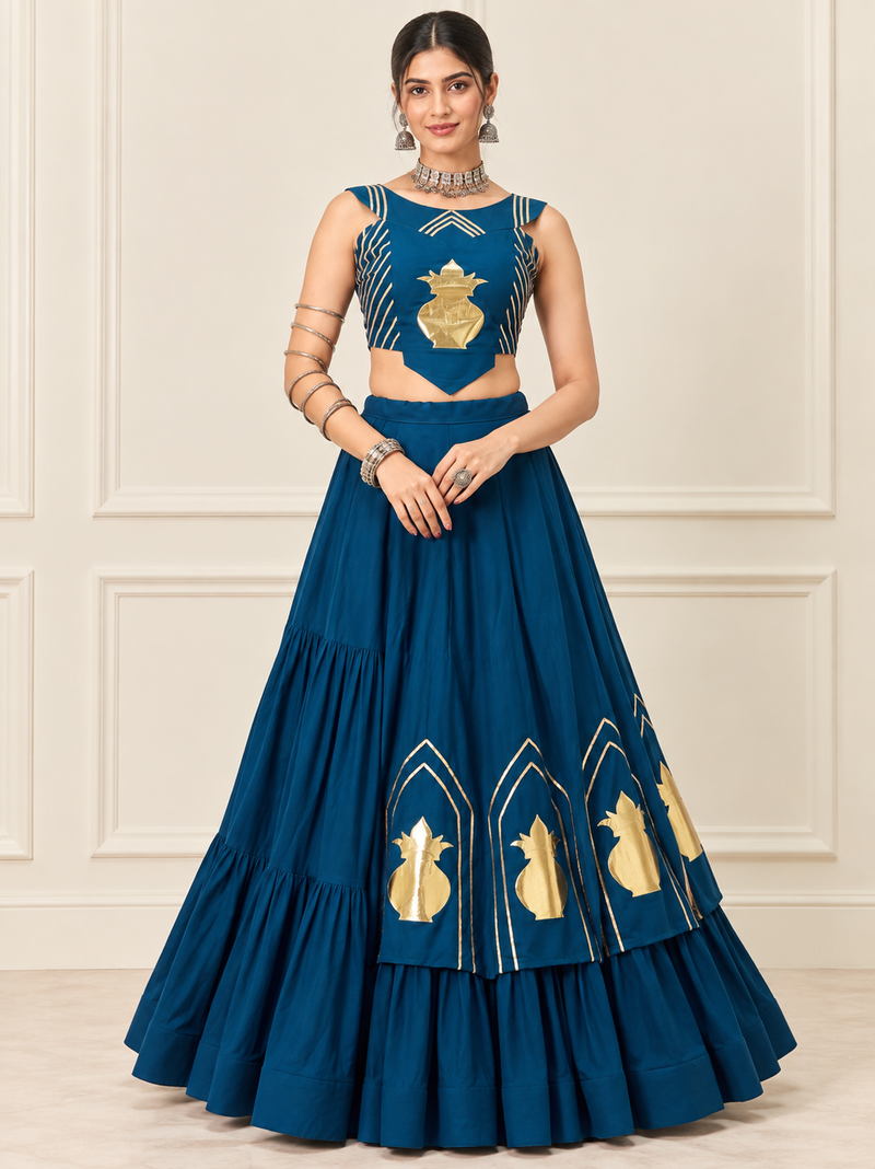Teal Blue Navratri Rayon Cotton Lehenga Set with Kalash Patch Work