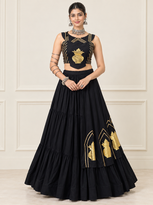 Black Navratri Rayon Cotton Lehenga Set with Kalash Patch Work 1