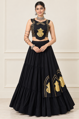 Black Navratri Rayon Cotton Lehenga Set with Kalash Patch Work