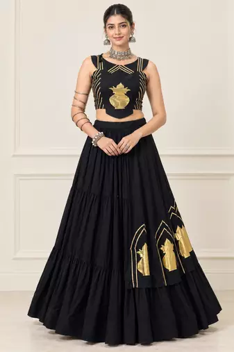 Black Navratri Rayon Cotton Lehenga Set with Kalash Patch Work