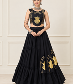 Black Navratri Rayon Cotton Lehenga Set with Kalash Patch Work