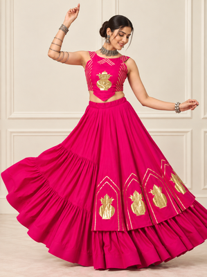 Rani Pink Navratri Rayon Cotton Lehenga Set with Kalash Patch Work 2