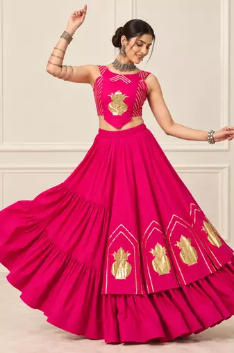 Rani Pink Navratri Rayon Cotton Lehenga Set with Kalash Patch Work