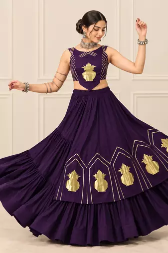 Purple Navratri Rayon Cotton Lehenga Set with Kalash Patch Work