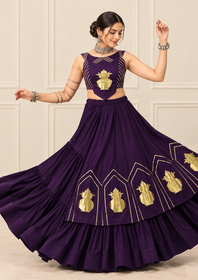 Purple Navratri Rayon Cotton Lehenga Set with Kalash Patch Work
