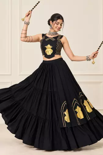 Black Navratri Rayon Cotton Lehenga Set with Kalash Patch Work