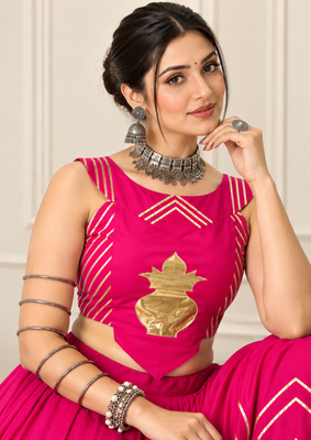 Rani Pink Navratri Rayon Cotton Lehenga Set with Kalash Patch Work 3
