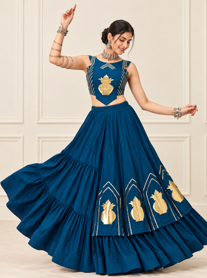 Teal Blue Navratri Rayon Cotton Lehenga Set with Kalash Patch Work 2