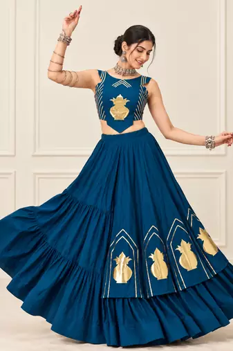 Teal Blue Navratri Rayon Cotton Lehenga Set with Kalash Patch Work