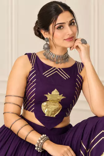 Purple Navratri Rayon Cotton Lehenga Set with Kalash Patch Work