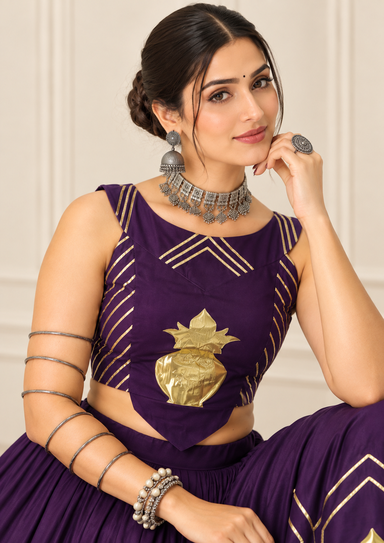 Purple Navratri Rayon Cotton Lehenga Set with Kalash Patch Work