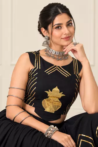 Black Navratri Rayon Cotton Lehenga Set with Kalash Patch Work