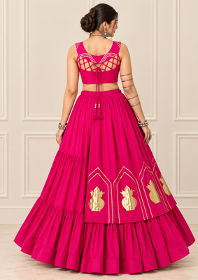 Rani Pink Navratri Rayon Cotton Lehenga Set with Kalash Patch Work 4