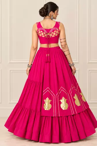 Rani Pink Navratri Rayon Cotton Lehenga Set with Kalash Patch Work
