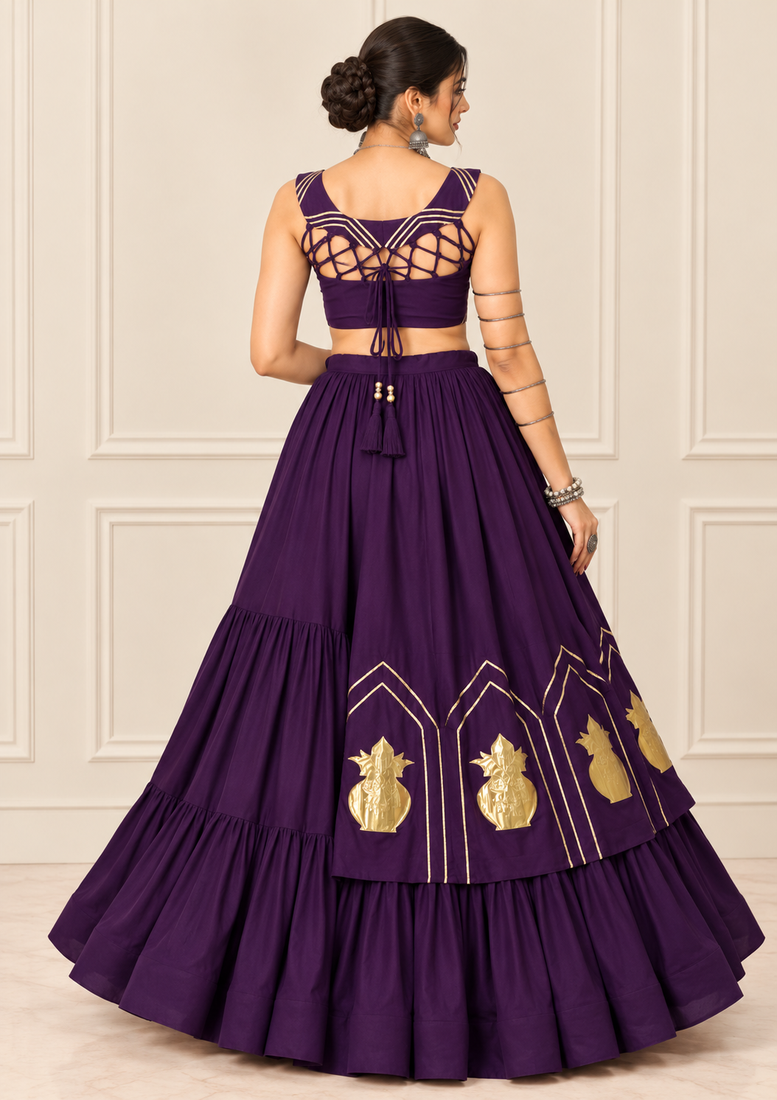 Purple Navratri Rayon Cotton Lehenga Set with Kalash Patch Work