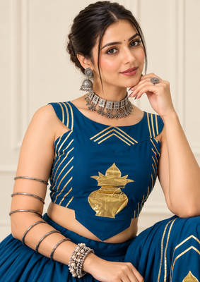 Teal Blue Navratri Rayon Cotton Lehenga Set with Kalash Patch Work 3