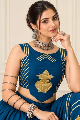 Teal Blue Navratri Rayon Cotton Lehenga Set with Kalash Patch Work