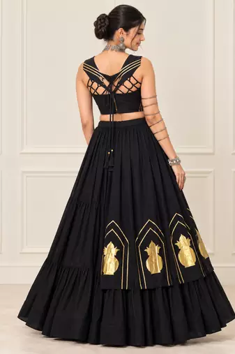 Black Navratri Rayon Cotton Lehenga Set with Kalash Patch Work
