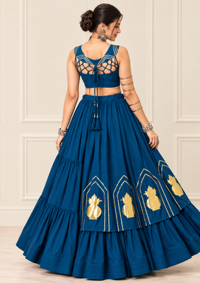 Teal Blue Navratri Rayon Cotton Lehenga Set with Kalash Patch Work 4