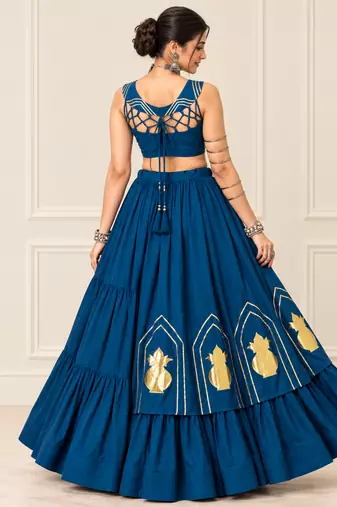 Teal Blue Navratri Rayon Cotton Lehenga Set with Kalash Patch Work