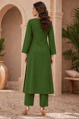 Bottle Green Mirror & Sequin Embroidered Roman Silk Straight Kurta with Pants Readymade Ethnic Wear 2