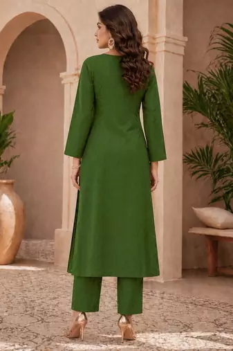 Bottle Green Mirror & Sequin Embroidered Roman Silk Straight Kurta with Pants Readymade Ethnic Wear