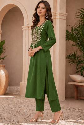 Bottle Green Mirror & Sequin Embroidered Roman Silk Straight Kurta with Pants Readymade Ethnic Wear 3