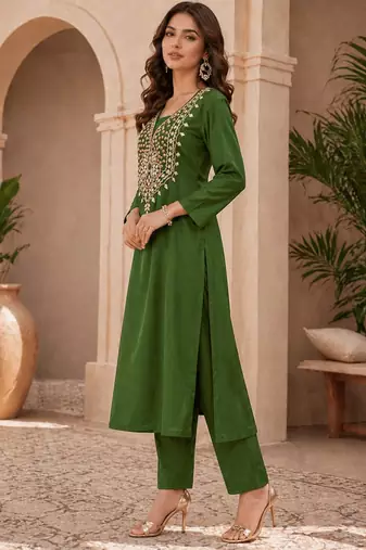Bottle Green Mirror & Sequin Embroidered Roman Silk Straight Kurta with Pants Readymade Ethnic Wear