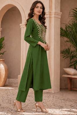 Bottle Green Mirror & Sequin Embroidered Roman Silk Straight Kurta with Pants Readymade Ethnic Wear 4