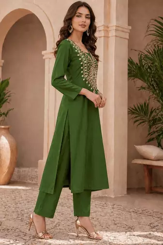Bottle Green Mirror & Sequin Embroidered Roman Silk Straight Kurta with Pants Readymade Ethnic Wear