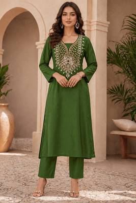Bottle Green Mirror & Sequin Embroidered Roman Silk Straight Kurta with Pants Readymade Ethnic Wear 1