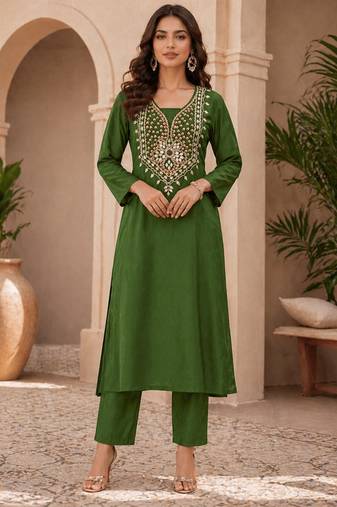 Bottle Green Mirror & Sequin Embroidered Roman Silk Straight Kurta with Pants Readymade Ethnic Wear