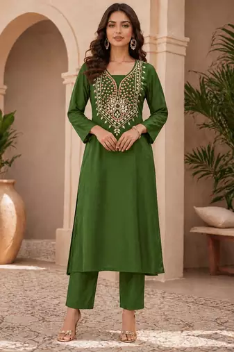 Bottle Green Mirror & Sequin Embroidered Roman Silk Straight Kurta with Pants Readymade Ethnic Wear