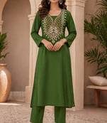 Bottle Green Mirror & Sequin Embroidered Roman Silk Straight Kurta with Pants Readymade Ethnic Wear