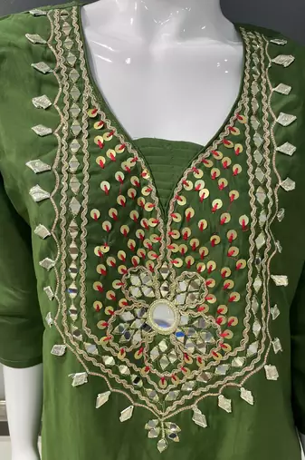 Bottle Green Mirror & Sequin Embroidered Roman Silk Straight Kurta with Pants Readymade Ethnic Wear