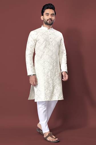 CREAM HEAVY EMBROIDERY WHITE THREAD WORK MENS KURTA PAJAMA SET