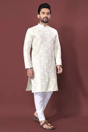 CREAM HEAVY EMBROIDERY WHITE THREAD WORK MENS KURTA PAJAMA SET