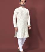 CREAM HEAVY EMBROIDERY WHITE THREAD WORK MENS KURTA PAJAMA SET