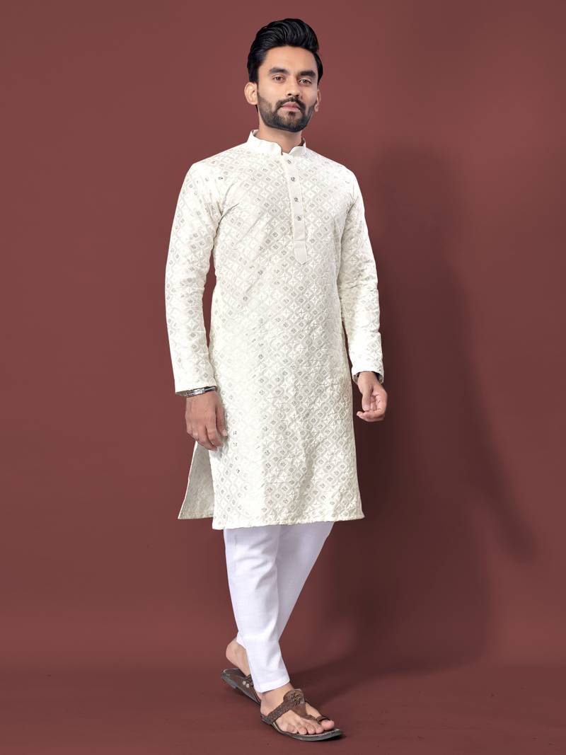 CREAM HEAVY EMBROIDERY WHITE THREAD WORK MENS KURTA PAJAMA SET