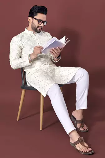 CREAM HEAVY EMBROIDERY WHITE THREAD WORK MENS KURTA PAJAMA SET