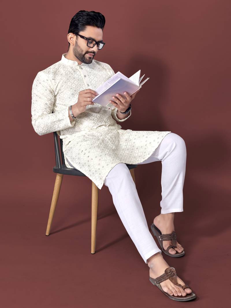 CREAM HEAVY EMBROIDERY WHITE THREAD WORK MENS KURTA PAJAMA SET