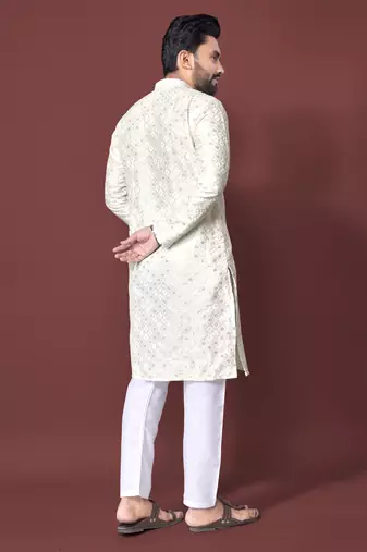 CREAM HEAVY EMBROIDERY WHITE THREAD WORK MENS KURTA PAJAMA SET